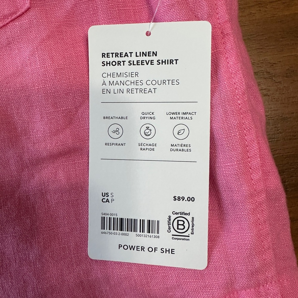 Athleta Retreat 100% Linen Shirt Women Small Pink Short Sleeve Boxy Crop Coastal - Picture 8 of 10